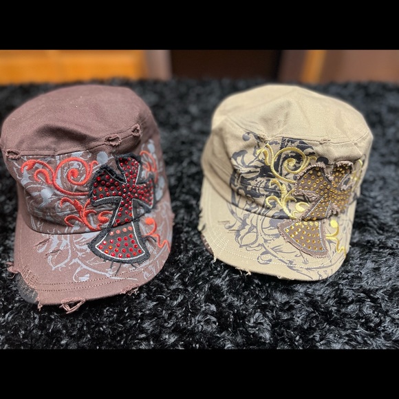 Accessories - 2 Ladies Embroidered Cross Baseball Hat/Cap With Crystal Rhinestones.